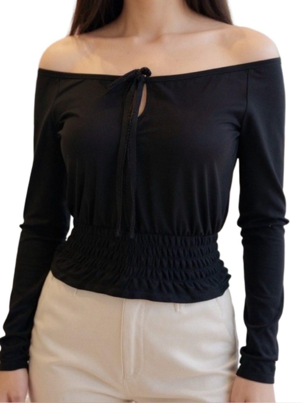 Discreet Black Blouse Long Sleeve tie collar fall winter spring